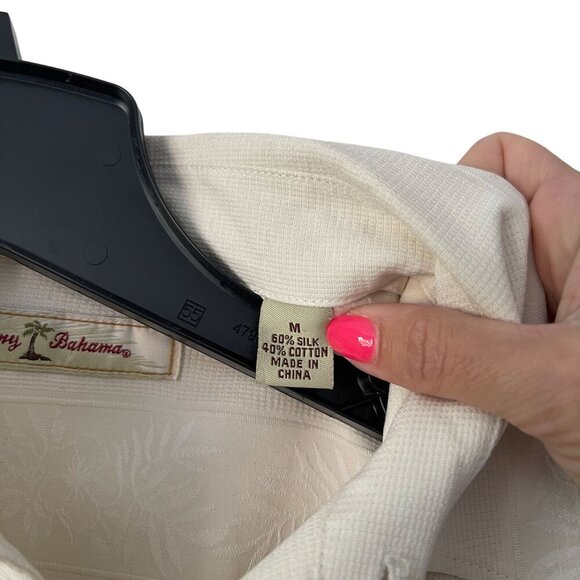 Tommy Bahama Beige Long Sleeve Button-Up Shirt M Silk Blend Textured Palm Leaf - Picture 4 of 9